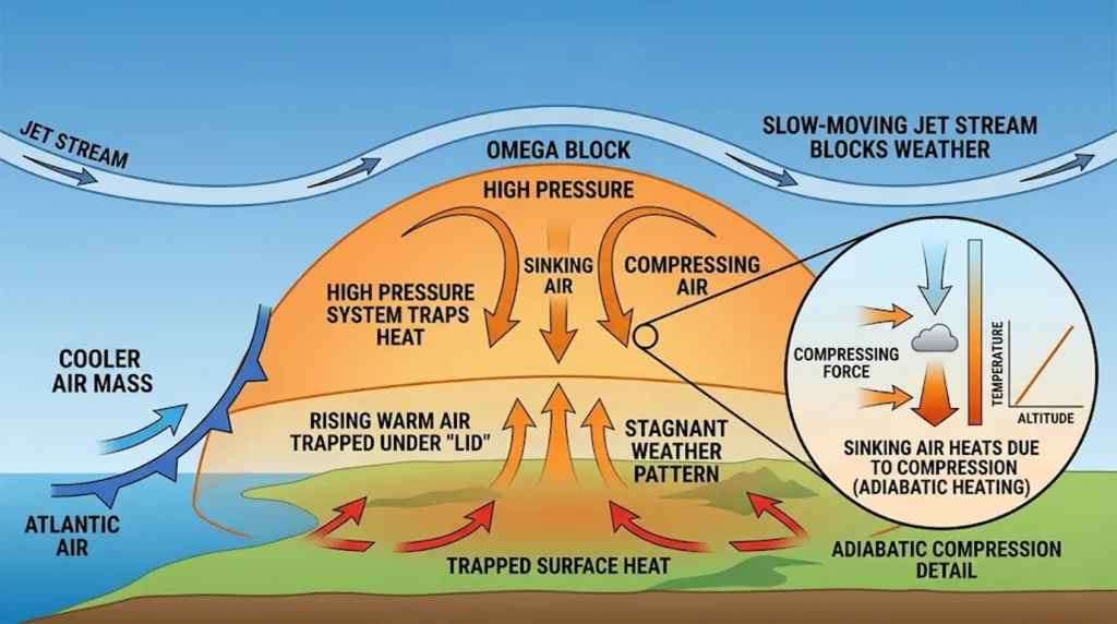 A meteorological infographic diagram titled 'How a Heat Dome Forms' illustrating a high-pressure system trapping warm air under an atmospheric lid with an Omega block jet stream above.