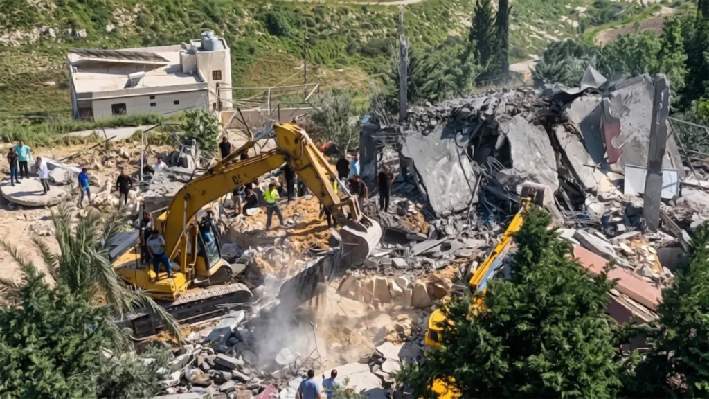 An excavator clears debris from a destroyed residential building in Saksakiyeh, southern Lebanon, following an Israeli airstrike on May 9, 2026. Rescue workers and local residents stand among the ruins where at least seven civilians, including a child, were reported killed.