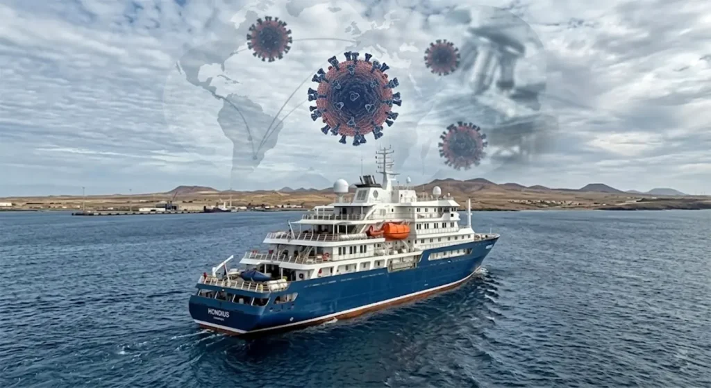 The cruise ship MV Hondius sailing on the ocean with a transparent medical overlay of hantavirus particles and a world map, representing the 2026 global health monitoring effort