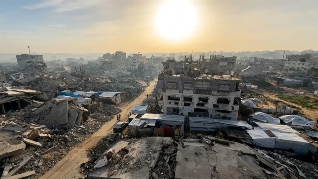 Wide aerial view of severe urban destruction and rubble in the Gaza Strip, providing visual context to reports on Prime Minister Benjamin Netanyahu’s directive to expand Israeli military control over 70% of the territory.