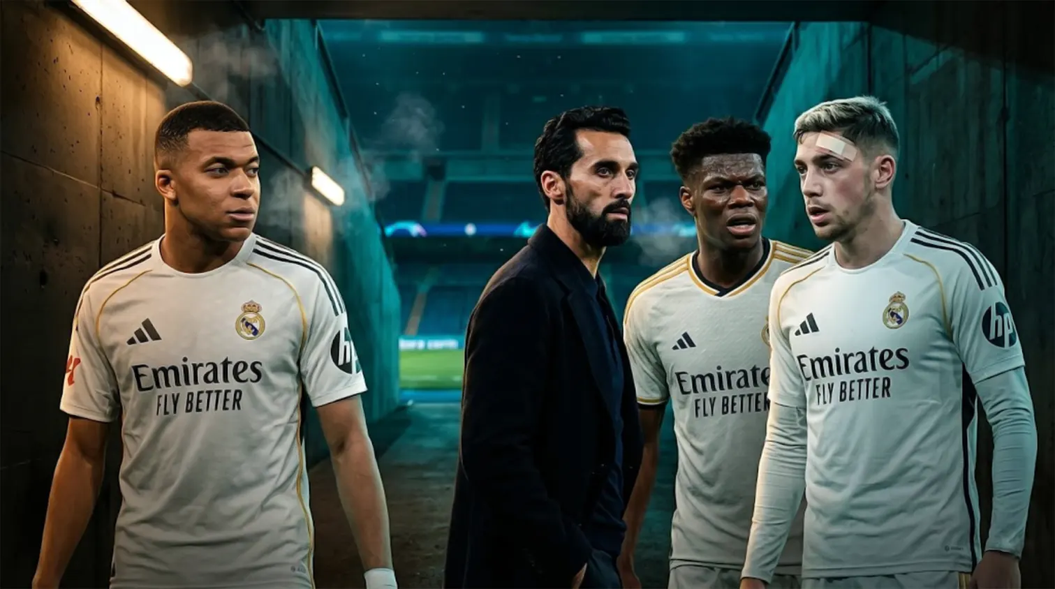 A cinematic, dramatic scene featuring Real Madrid manager Álvaro Arbeloa standing between Federico Valverde, Aurélien Tchouaméni, and Kylian Mbappé in a dark stadium tunnel; Valverde is depicted with a bandage on his forehead, reflecting recent reports of locker room tension