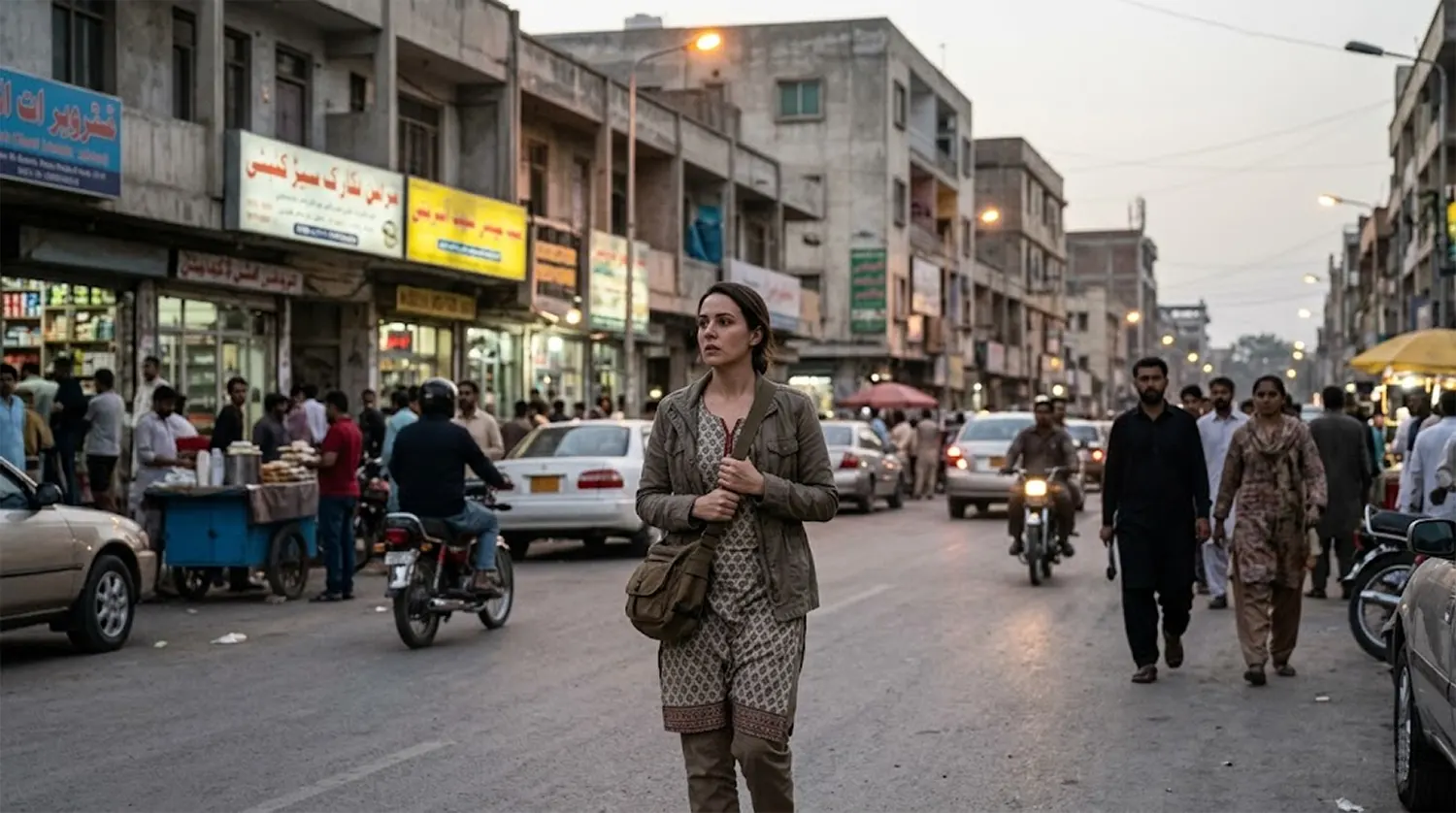 A woman looking over her shoulder with an expression of hypervigilance while walking down a busy city street at dusk, illustrating the lack of safety for women in non-war zone countries.