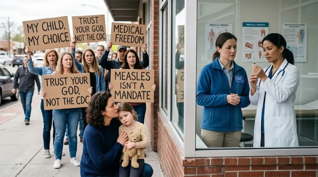 A mother comforts a young child with measles spots while standing between a medical clinic with CDC staff and a group of anti-vaccine protesters holding signs in 2026.
