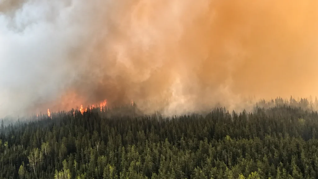 Aerial view of a massive wildfire burning through a dense green pine forest in Alberta, with thick orange and yellow smoke billowing into the sky.