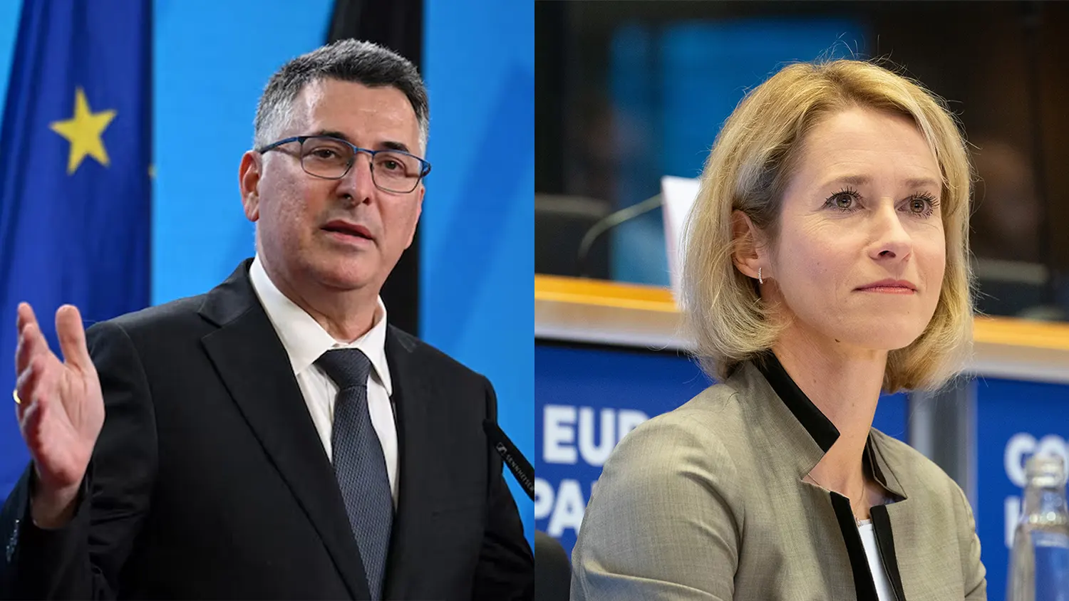 A split-screen composite image featuring Israeli Foreign Minister Gideon Sa'ar gesturing with his hand during a press conference on the left, and EU Foreign Policy Chief Kaja Kallas looking thoughtfully during a European Council summit on the right.