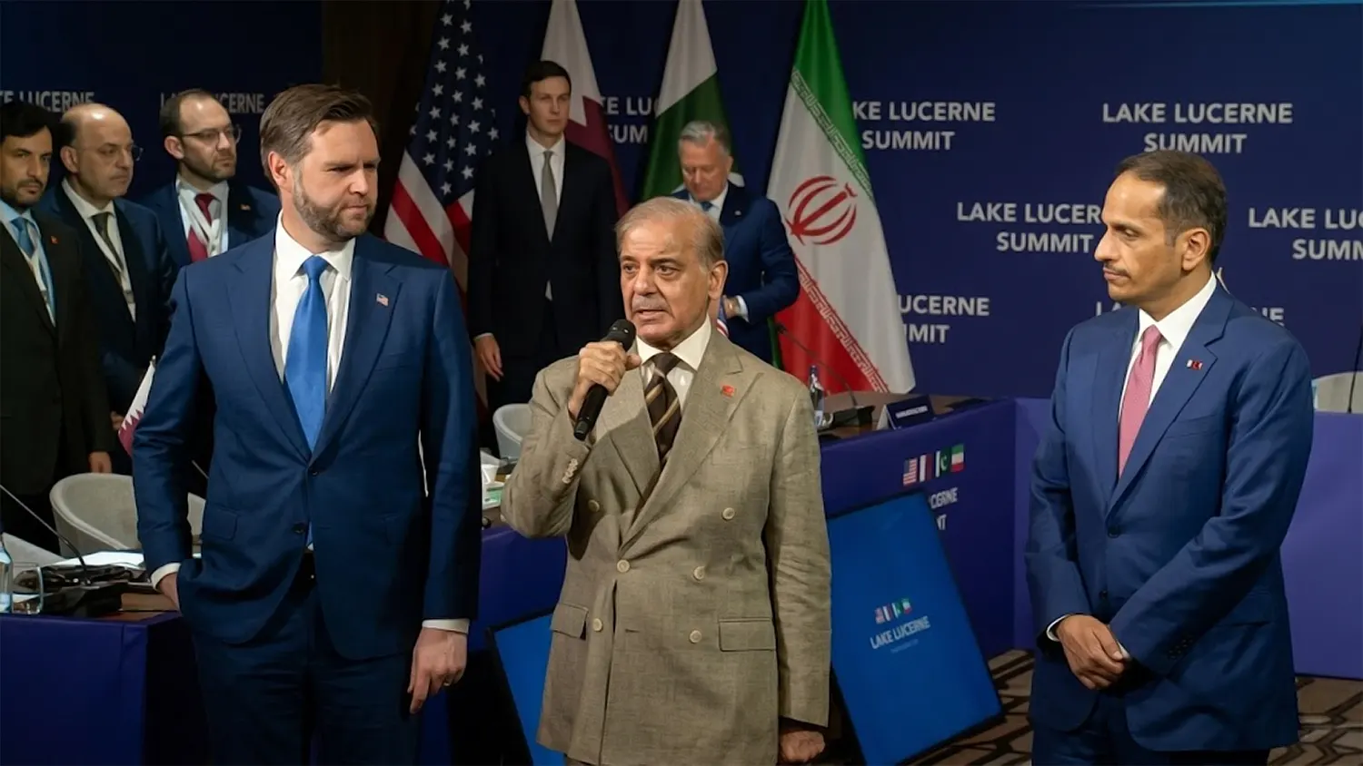 US Vice President JD Vance, Pakistani PM Shehbaz Sharif, and Qatari PM Sheikh Mohammed bin Abdulrahman Al Thani at the Lake Lucerne Summit.