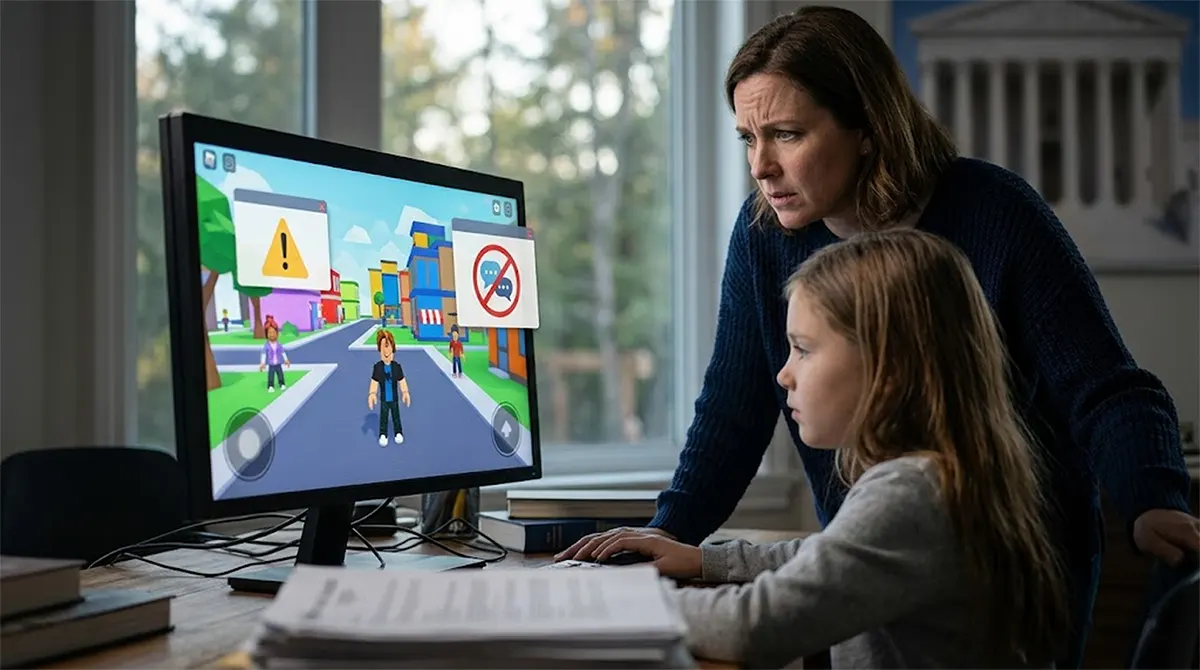 A concerned mother looks anxiously over her young daughter's shoulder at a computer screen displaying an online multiplayer game with digital safety warning popups, set against a blurred courtroom background.