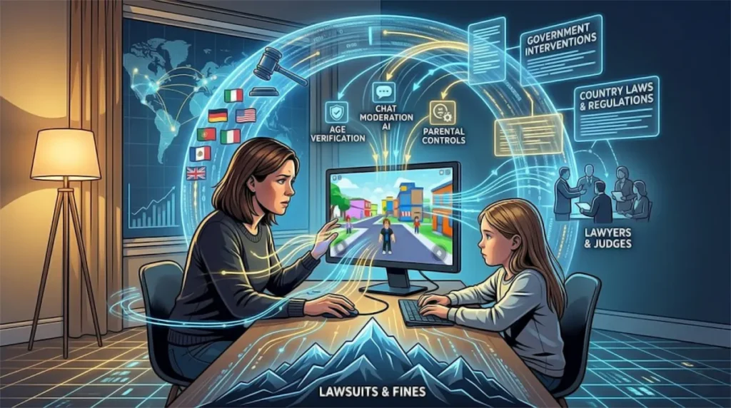 A conceptual digital illustration showing a mother and daughter at a computer, surrounded by glowing data graphics about government interventions, age verification, chat moderation, and lawsuits.