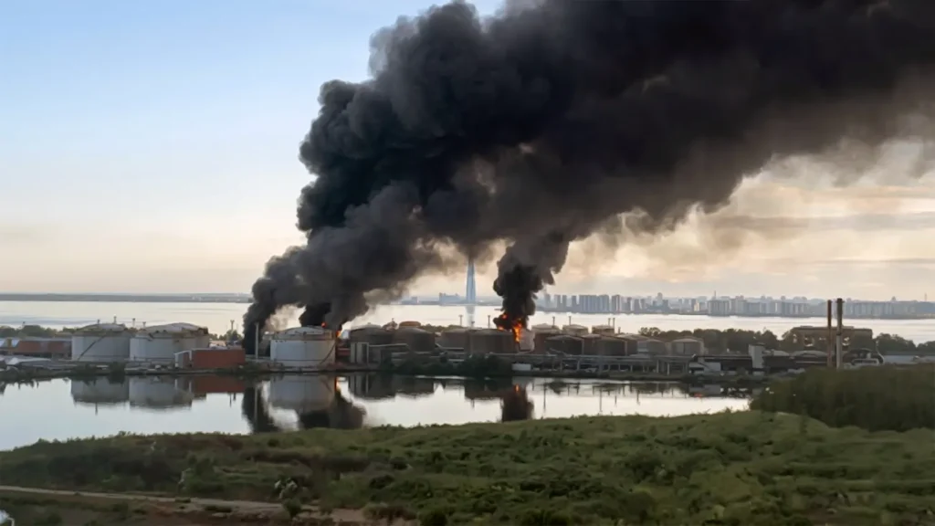High-resolution wide shot of thick black smoke billowing from the St. Petersburg Oil Terminal following a Ukrainian long-range drone strike, with the city skyline and Gulf of Finland in the background.