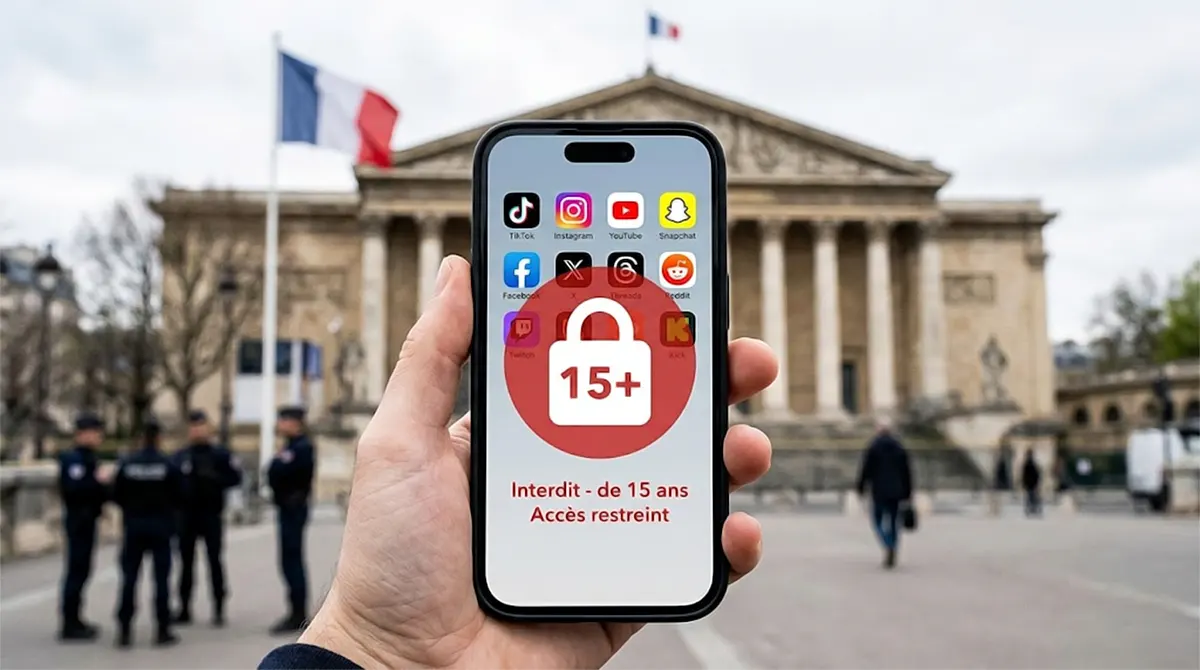 A close-up photograph of a hand holding a smartphone displaying major social media app icons (TikTok, Instagram, YouTube). A large red "15+" lock overlay is centered on the screen, indicating age restrictions. The blurred background shows the French National Assembly building in Paris with the French flag.