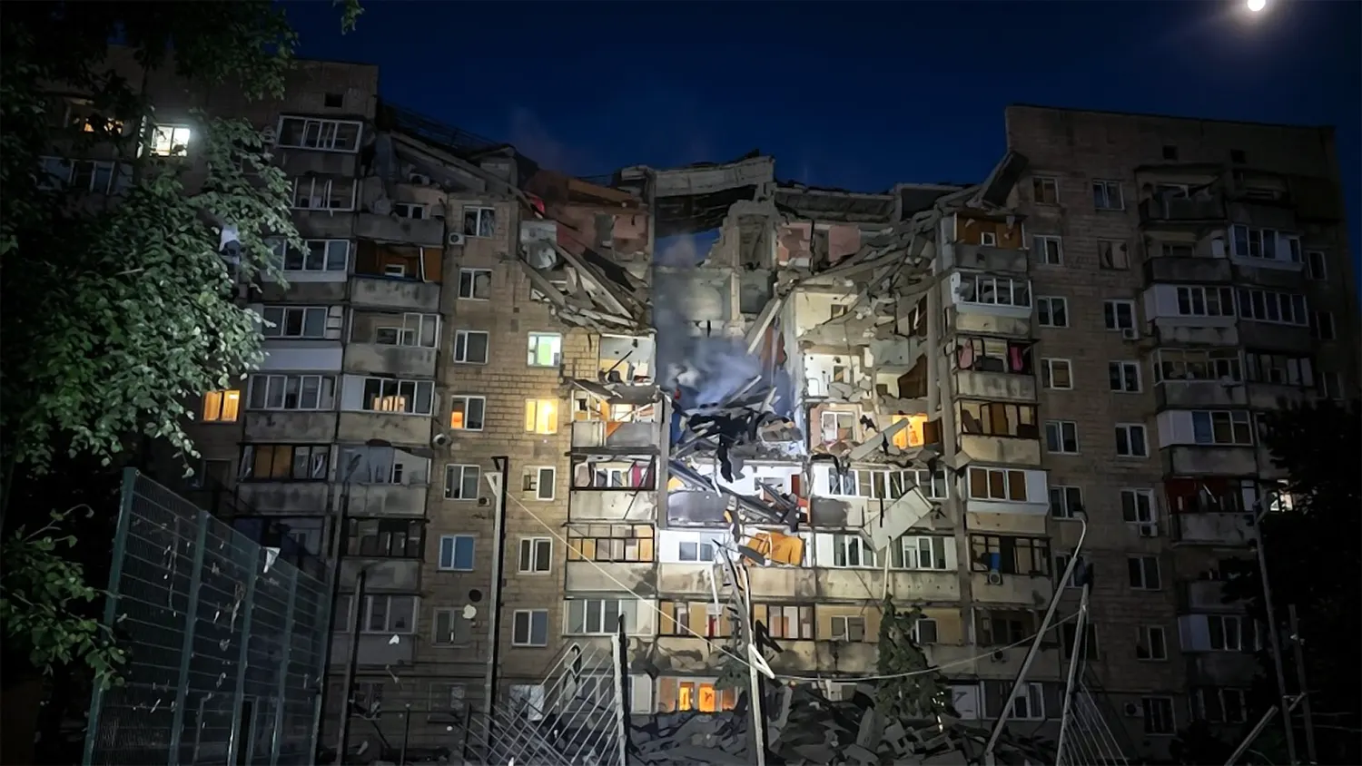Damaged residential apartment building in Kyiv following Russian missile strikes and explosions on July 6, 2026.