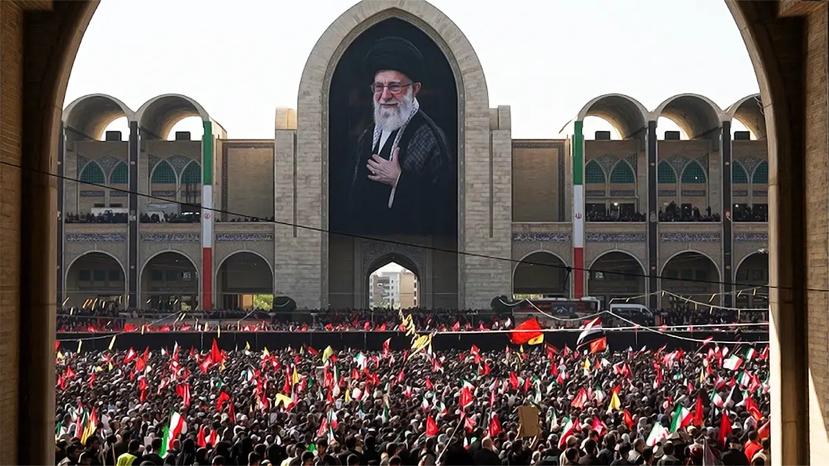A massive crowd of mourners at the Imam Khomeini Grand Mosalla in Tehran gathering for the funeral of Ayatollah Ali Khamenei during the 2026 ceasefire.