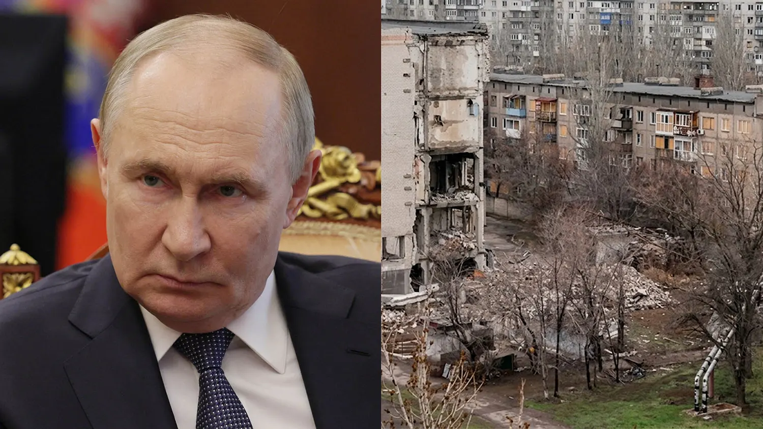 Split image showing a close-up portrait of Russian President Vladimir Putin on the left, and heavily damaged apartment buildings amidst rubble in Kostiantynivka, Ukraine, on the right.