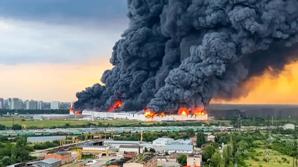 An aerial photograph showing a massive fire engulfing a large white Wildberries logistics warehouse. Heavy orange flames burn along the base of the structure, releasing a massive, dense black smoke column that towers into the sky over a surrounding industrial area and distant city skyline.
